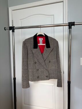 Women’s Gray Plaid Double-Breasted Blazer with Black Collar